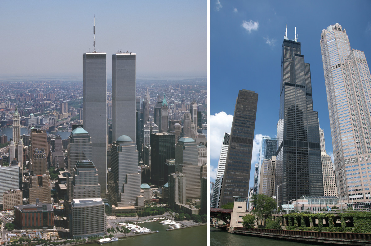 Figure 7. The world’s tallest buildings in the 1970s. From left to right: One World Trade Center (417 m, 1973) and Two World Trade Center (415 m, 1973), New York City and Sears (now Willis) Tower, Chicago (442 m, 1974).