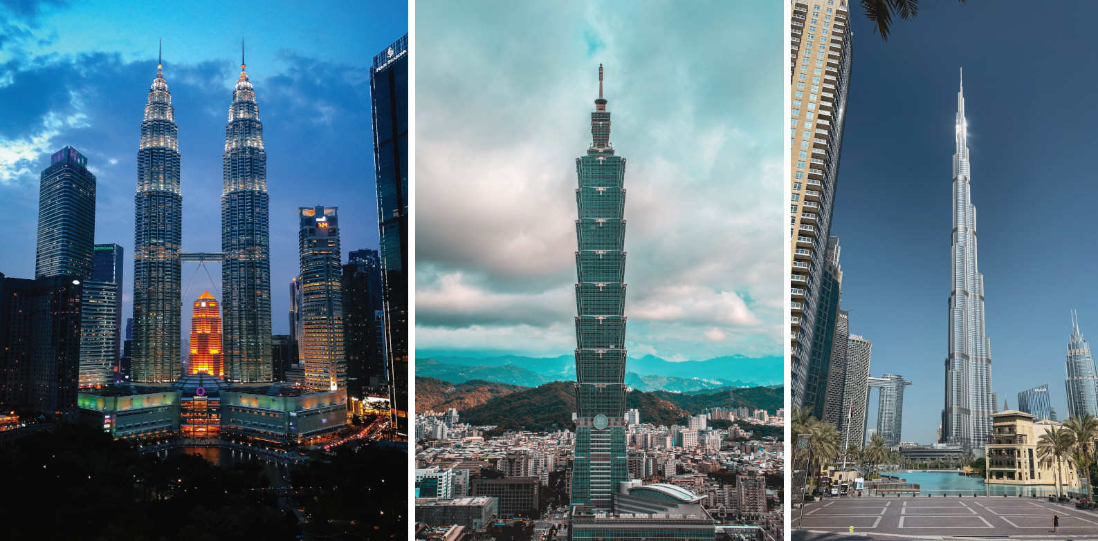 Figure 9. The world’s tallest buildings from the 1990s to the present. From left to right: Petronas Towers, Kuala Lumpur (452 m, 1998), Taipei 101, Taipei (508 m, 2004), and Burj Khalifa, Dubai (828 m, 2010).