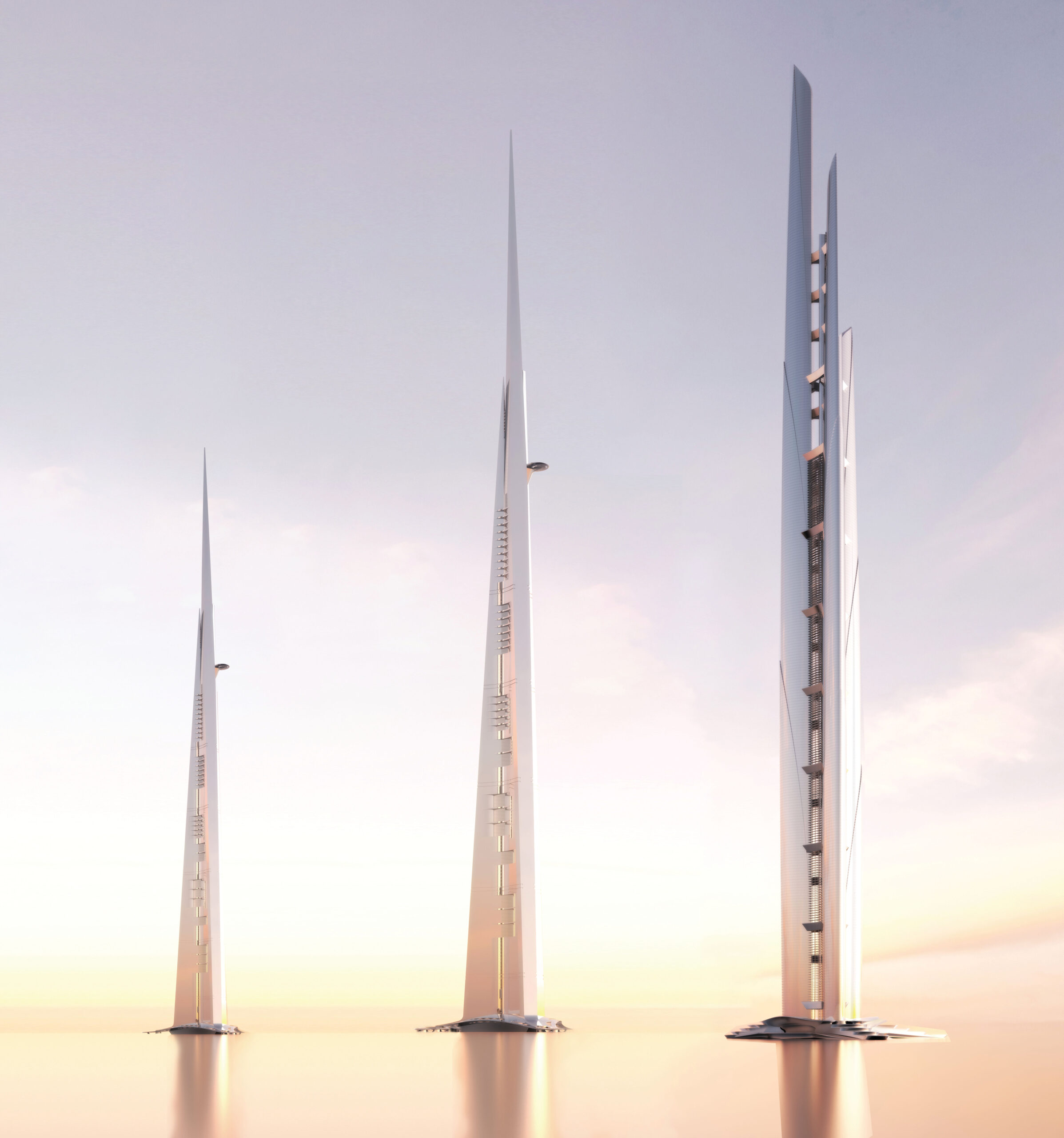 Figure 10. Three versions of Jeddah Tower. Left: rendering of current structure, for which construction is on hold (1,000 m). Middle: Rendering of a mile-high (1,620-meter) version of Jeddah tower. Right: Rendering of a co-joined mile-high (1,620-meter) tower. Source: Peter Weismantle of Adrian Smith + Gordon Gill Architecture.