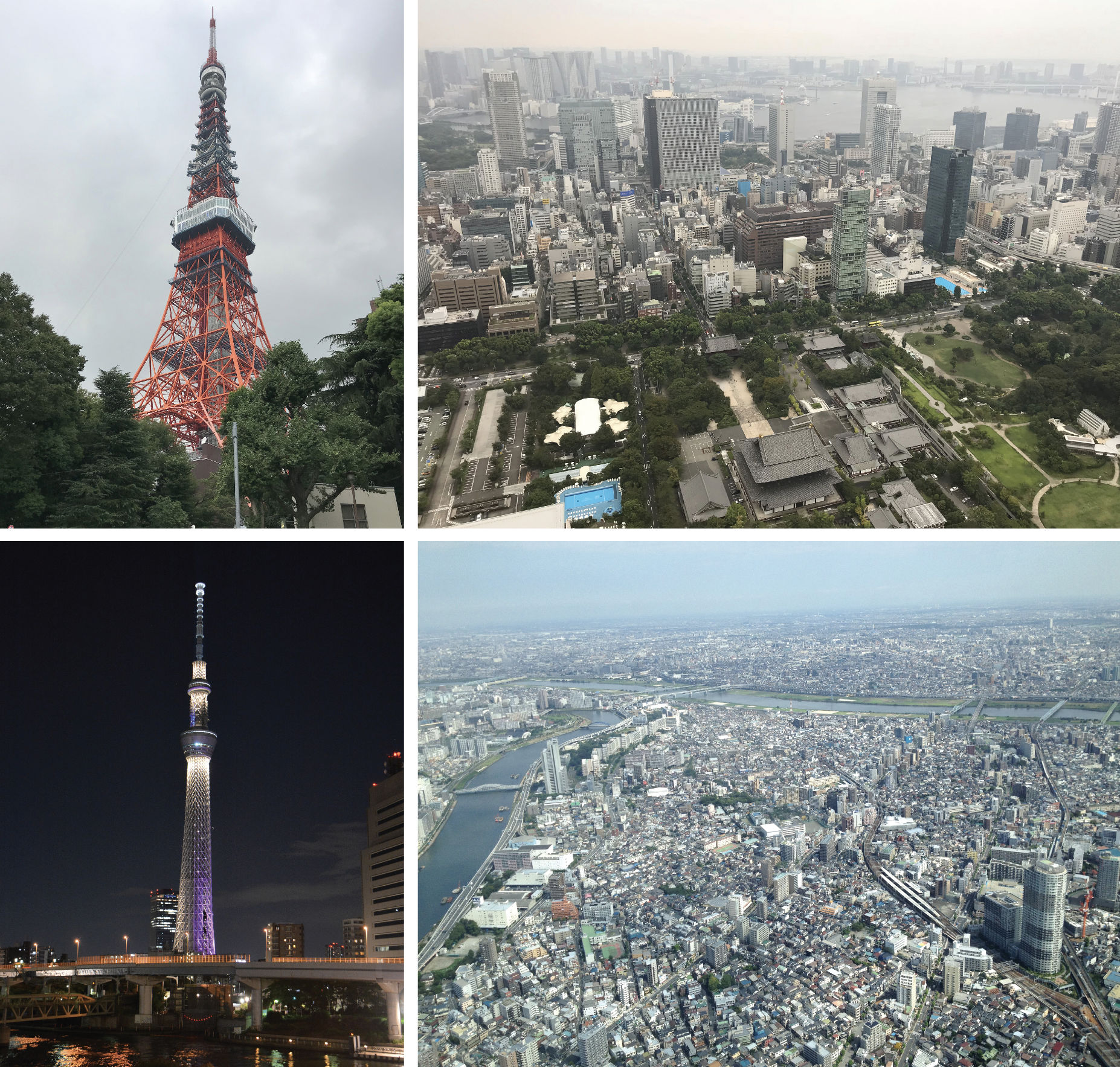 Figure 1. Tokyo Sky Tree, 2010 (highest observation level: 451.2 m) vs. Tokyo Tower, 1958 (249.6 m). Sky Tree (lower left) is situated in a low-rise area with little of interest to see at the ground level (lower right) The older Tokyo Tower (upper left) is situated in a neighborhood with office towers and temples adjacent (upper right), providing for an interesting highly detailed view of the ground.