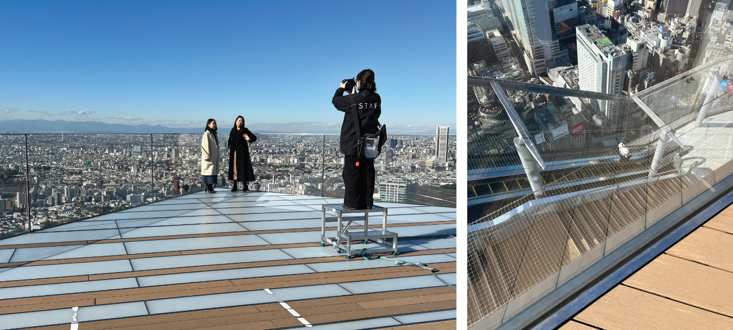 Figure 3. The observatory at Shibuya Sky, Tokyo (2019, observatory at 226 m) provides sightlines that give the impression one is standing unprotected at the edge of the roof, with Mt. Fuji beyond. The height of the glass railing sits tightly below the horizon .