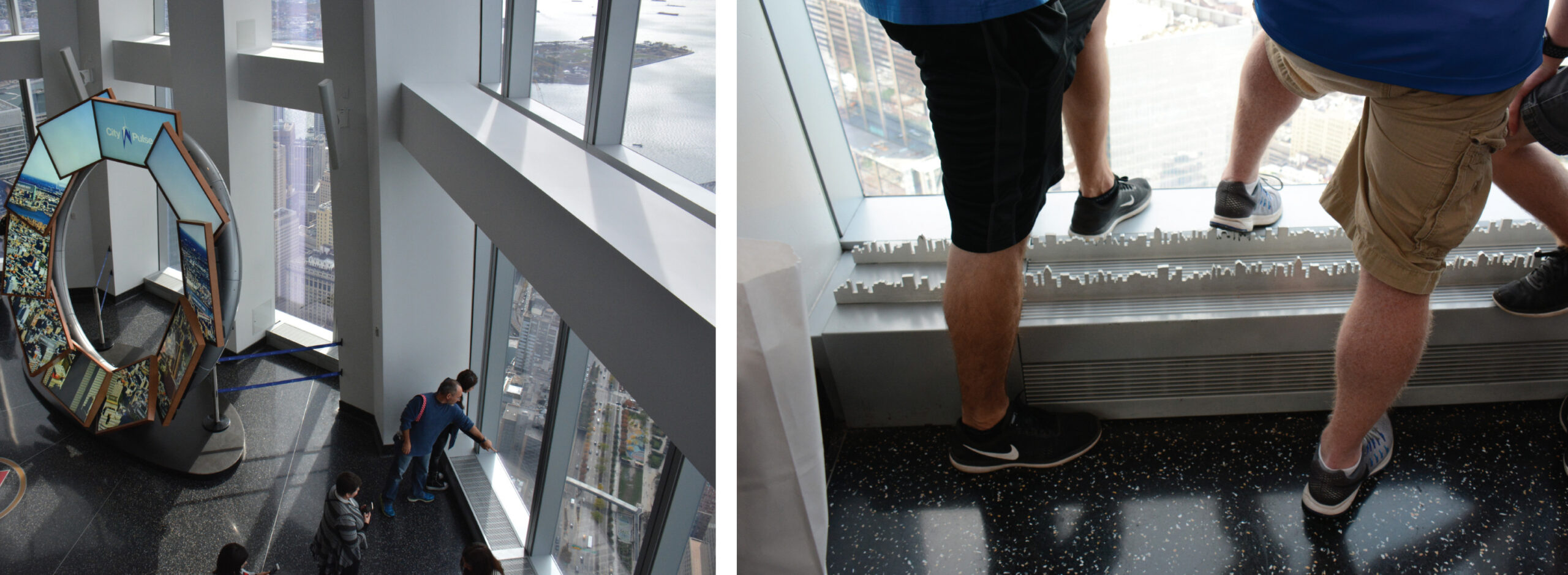 Figure 6. One World Trade Center, New York City (2014, observatory at 386.5 m), has several issues in its observation floor that work against the view. The tapering of the tower results in the shortest façades facing the prime views up and down the island. “Attractions” sit in front of these views, leaving the viewer to look obliquely through the longer façades. It is difficult to take photos, as the angled view causes reflections. “Skyline”-shaped barriers inhibit window access.