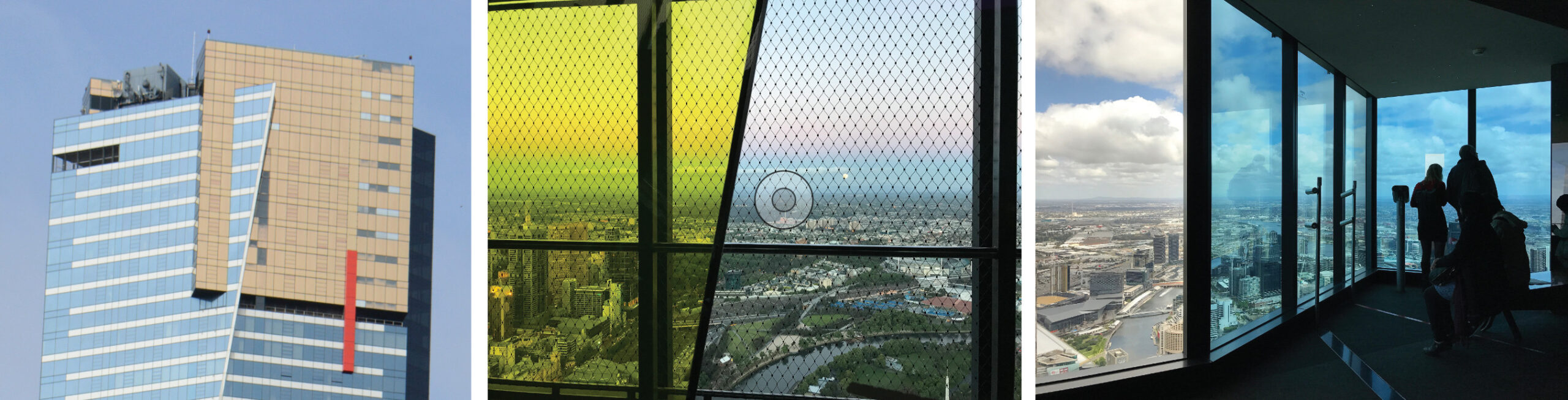 Figure 7. The Eureka Tower in Melbourne (2006, observatory at 285 m), has an articulated top, largely based on variations in the types of glazing used. This very negatively impacts the viewing areas in the tower, providing reduced opportunities to view through clear glazing. Mesh has also been used to enclose the open-air portion, which mars the view.