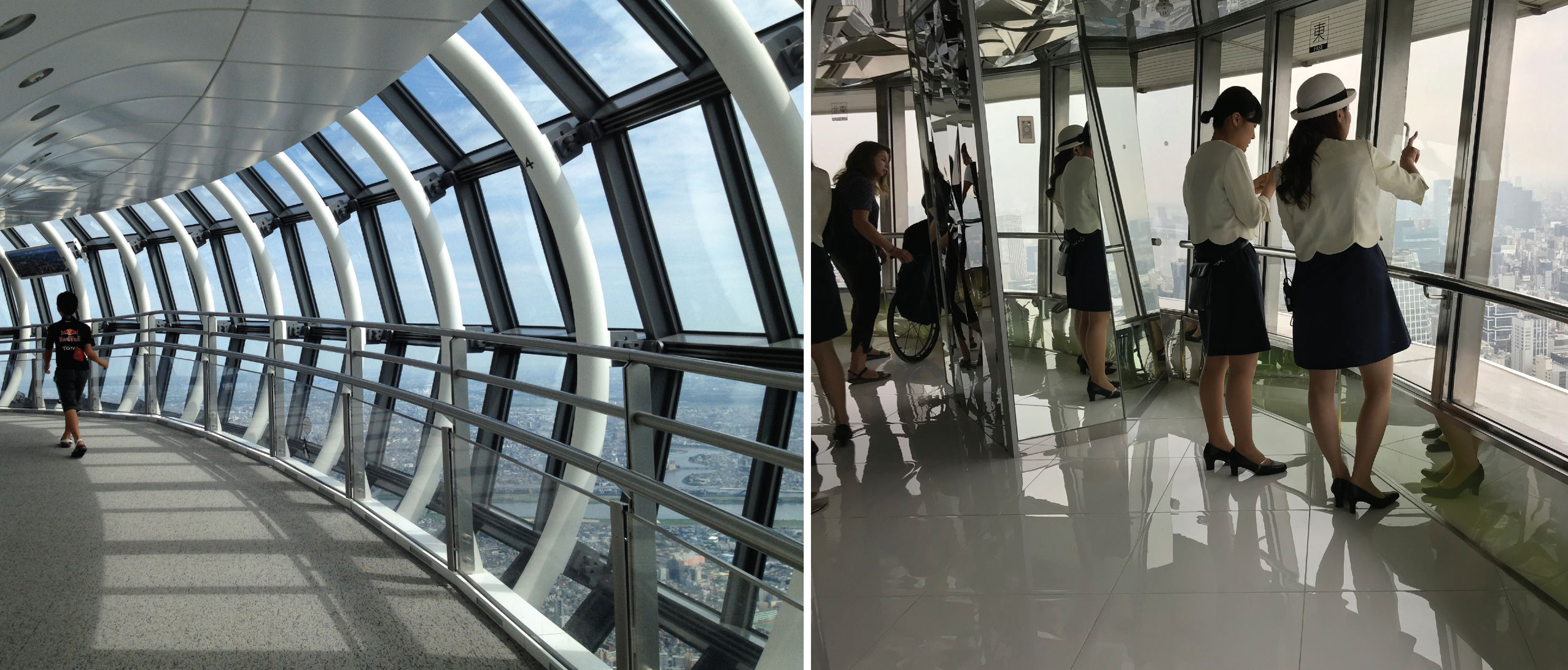 Figure 9. The higher-level observation platform at Tokyo Sky Tree (left) makes use of a tubular spiral ramp to take the user from the initial elevator arrival point, one floor up, to the elevator return point. The recently renovated upper viewing level of Tokyo Tower (right) has a more constricted space than the lower level. Both projects slope the glass towards the view.