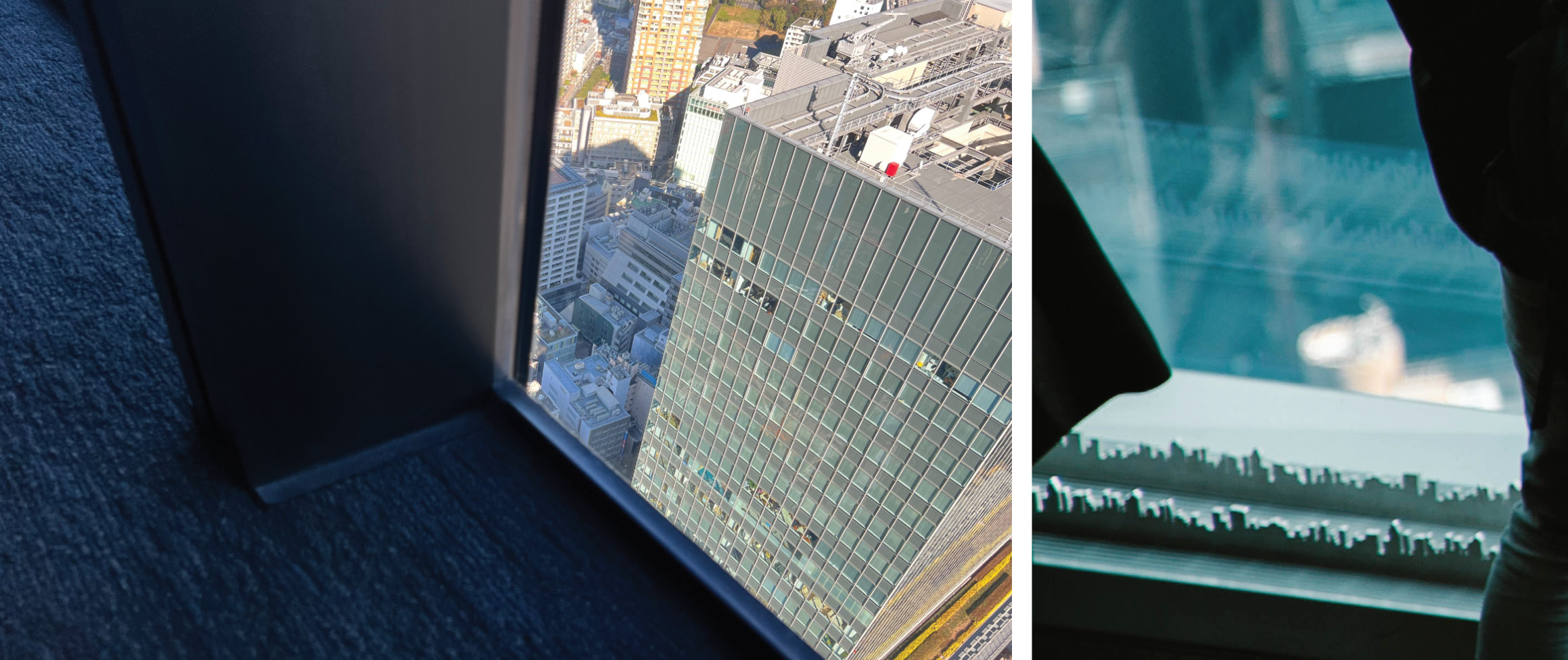 Figure 11. The black frames and carpet detail at the base of the windows of Shibuya Sky, Tokyo (left) minimize re-flections on the glass. The bright aluminum frame and heating grill at the base of One World Trade Center, New York City (right) create reflections on the glass, and the bright finish competes with the view.