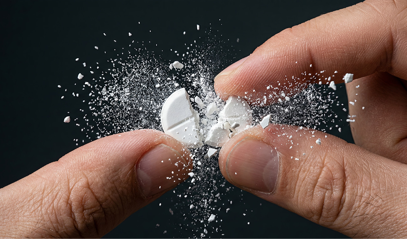 Para onde vai a dose exata? O processo de triturar comprimidos espalha resíduos que resultam em uma perda alarmante do medicamento antes mesmo de chegar ao paciente. (imagem: Natalia / Adobe Stock)
