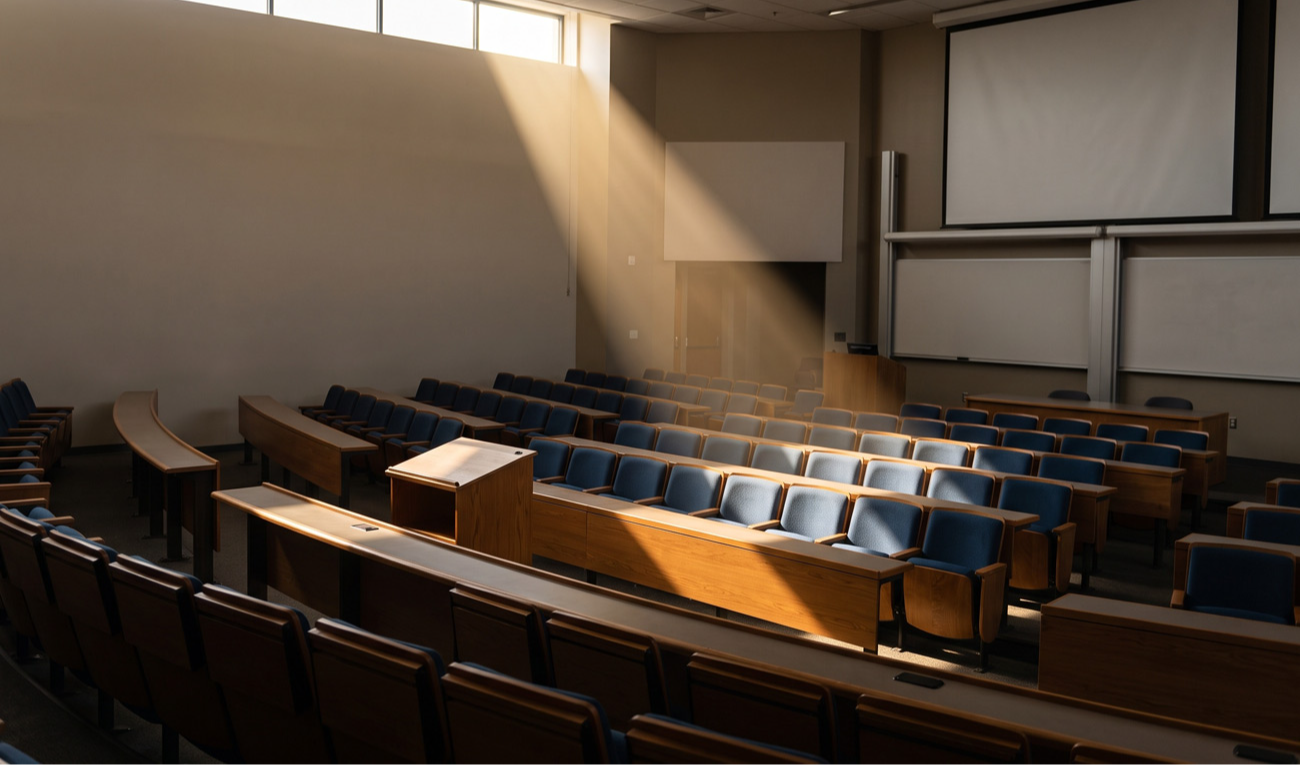 Anfiteatro universitário. A Declaração de Leiden foi redigida ao longo de oito meses por dezesseis autores, com mais de trinta matemáticos consultados, e endossada pela União Matemática Internacional. (imagem: tr144 / Adobe Stock - gerada por IA)