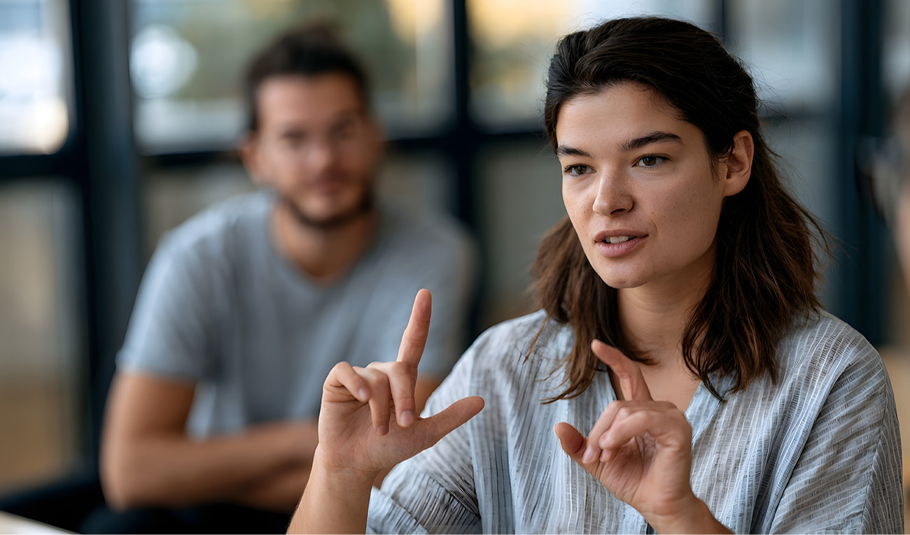 Sinalizante em conversa. O estudo mostra que repetir um mesmo elemento no começo e no fim de um trecho não é hesitação: é o que emoldura o que está no meio, e ocupa 21% do tempo de sinalização. (imagem: Thares2020 / Adobe Stock – gerada por IA)