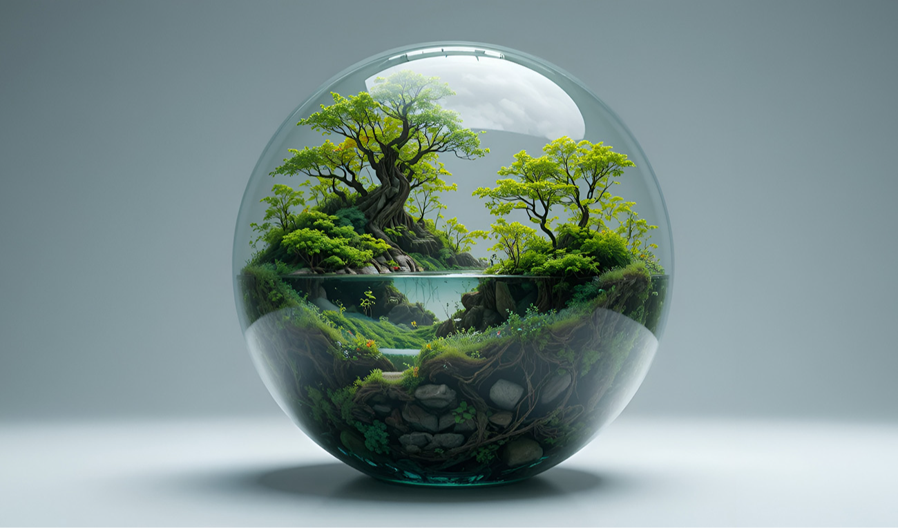 O mundo em um frasco: ecossistemas perfeitamente selados em esferas de vidro servem como poderosas alegorias para a nossa própria e frágil 'nave espacial' planetária. (imagem: Frank / Adobe Stock)