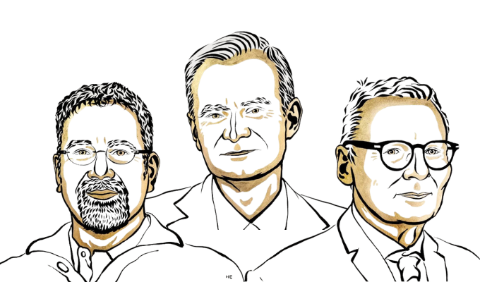 Prêmio Nobel 2024: ilustração de Daron Acemoglu, Simon Johnson e James A. Robinson, vencedores na categoria de Economia.