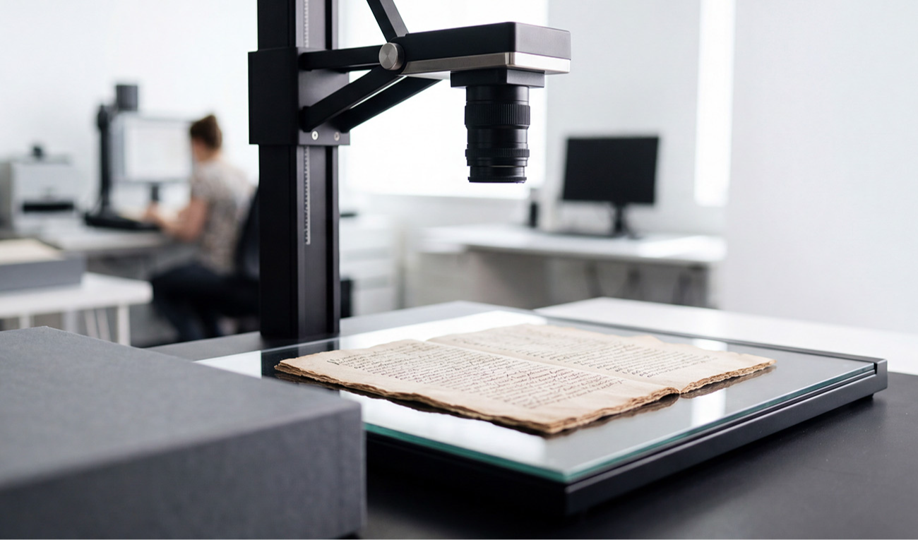 Scanner planetário digitalizando um documento de acervo. O mesmo ato que tornou as coleções localizáveis por pesquisadores do mundo inteiro as tornou alcançáveis pelos rastreadores de inteligência artificial. (imagem: MaksymFilipchuk / Adobe Stock — gerada por IA)