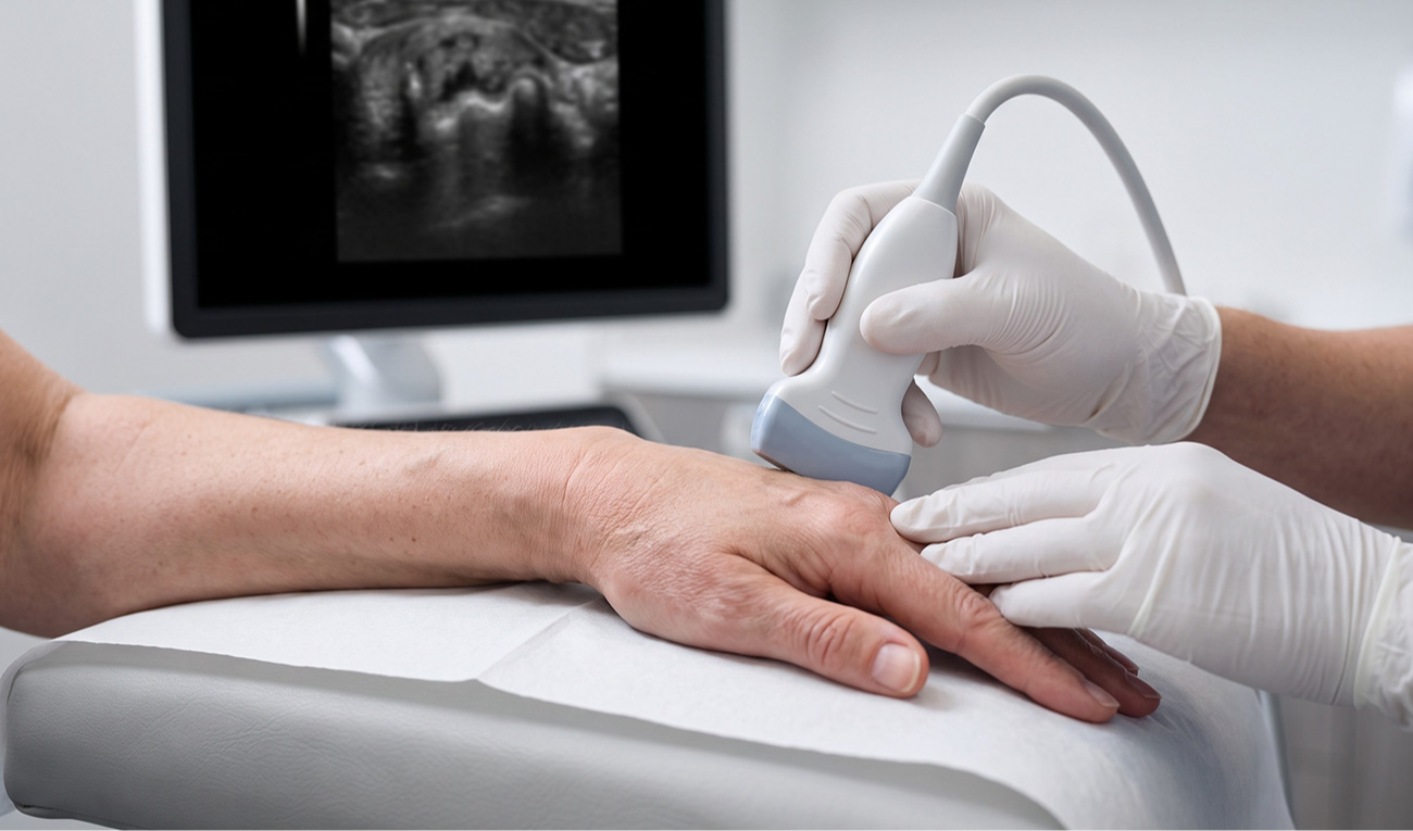 A ultrassonografia musculoesquelética avaliou 22 articulações de mãos e punhos no início do tratamento e um ano depois. (imagem: Mihirantha / Adobe Stock - gerada por IA)