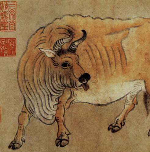 Part of the painting "Five Oxen" by Han Huang (韓滉)