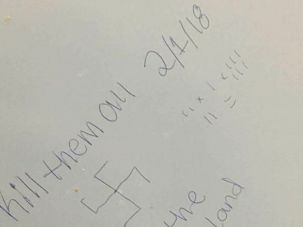 Graffiti on the wall of the men’s bathroom at Wooster High School in Ohio.