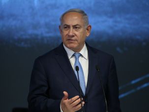 Israeli Prime Minister Benjamin Netanyahu speaks during a meeting at Moscow’s Jewish Center on January 29, 2018 in Moscow, Russia. Vladimir Putin marks the Holocaust Day visiting the Moscow Jewish Center together with Israel Prime Minister Benjamin Netanyahu.