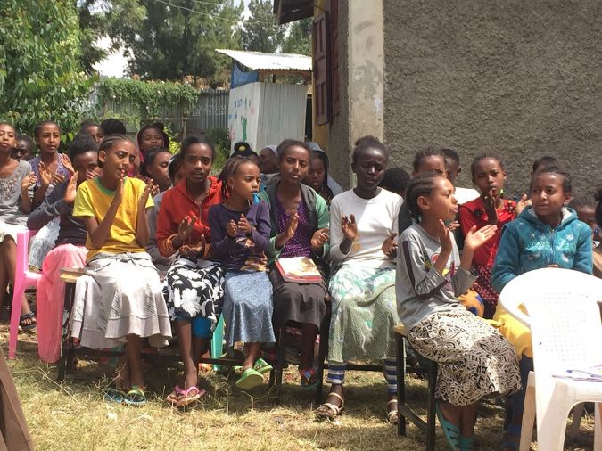 Ethiopian Jewish girls at an after-school Kabbalat Shabbat ceremony.