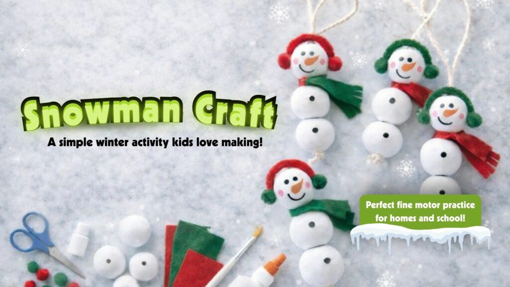 Beaded snowman craft made with wooden beads, felt scarves, and pom pom earmuffs