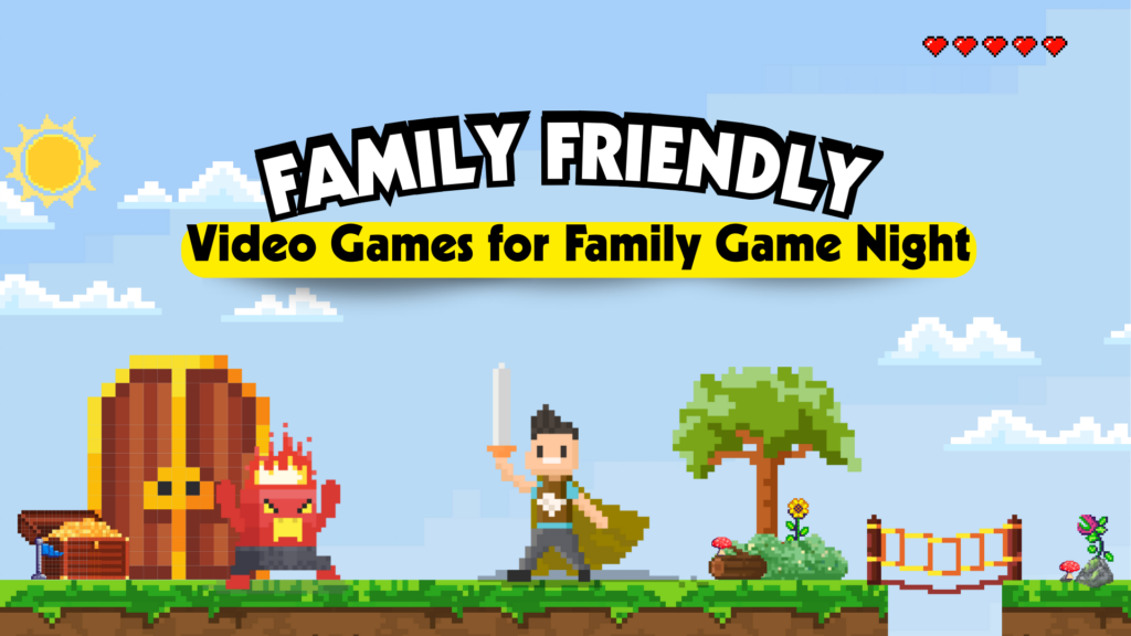 Parents and kids ages 6 to 10 playing family friendly video games together during game night at home