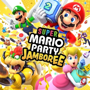 Super Mario Party Jamboree gameplay showing parents and kids playing colorful mini games together on Nintendo Switch
