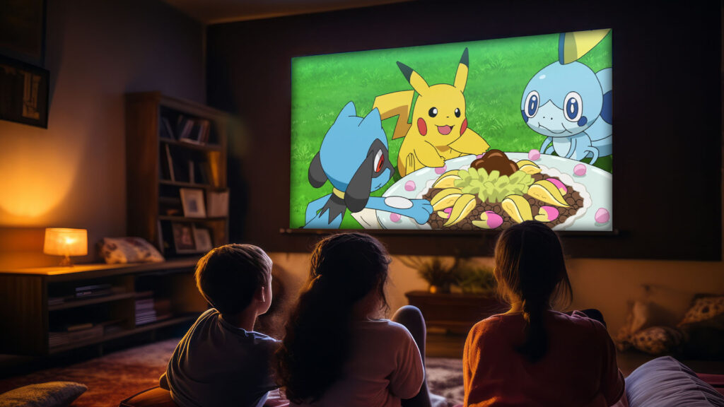Family watching Pokémon with popcorn on movie night