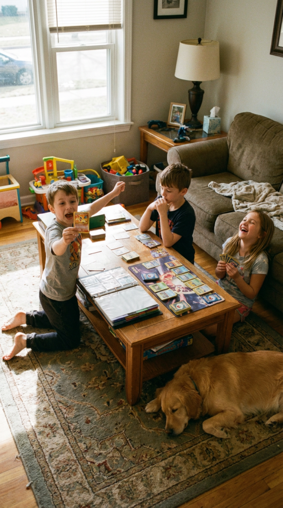 Kids playing Pokémon card game mini tournament at home