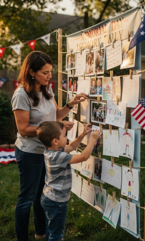 Family memory wall honoring loved ones for Memorial Day activities with kids.