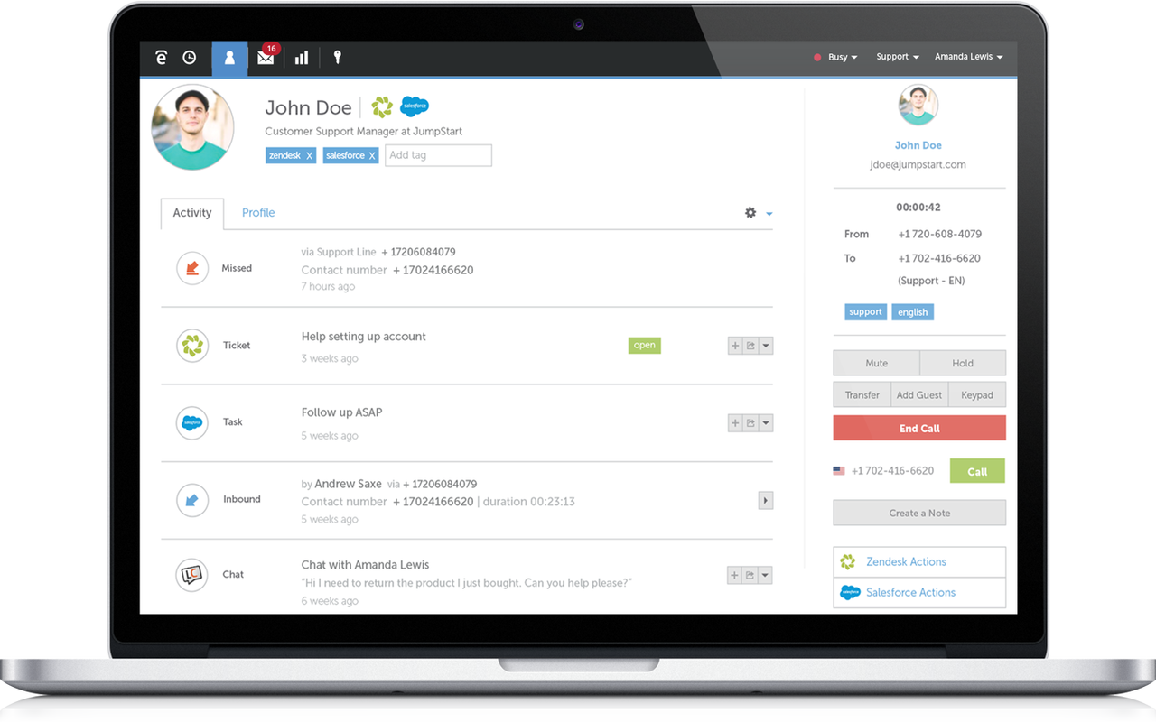 Talkdesk empowers your agents through complete customer histories enabled by integrations with business tools for CRM, ecommerce, help desk, and others.