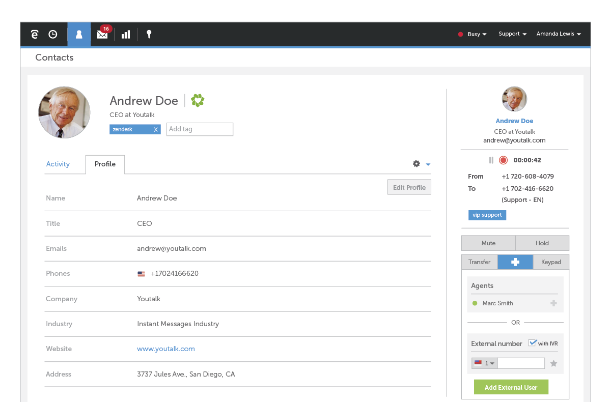 With Talkdesk's enhanced caller ID, agents are shown the caller's information in their browsers in real time, allowing them to completely skip the information-gathering phase of a traditional customer support call.