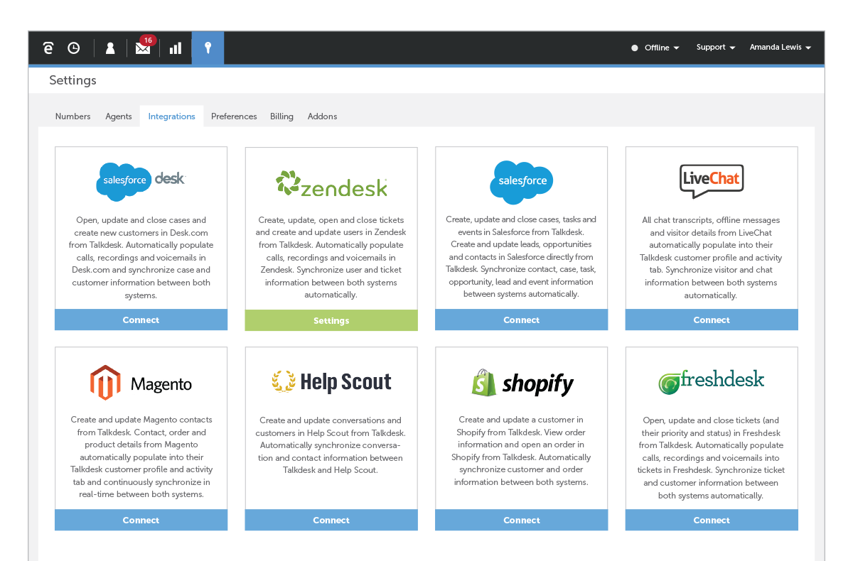 Talkdesk has built-in integrations with a number of commonly used business apps, which can be activated with just a few clicks, for a quicker and more seamless information flow between otherwise dissonant tools.
