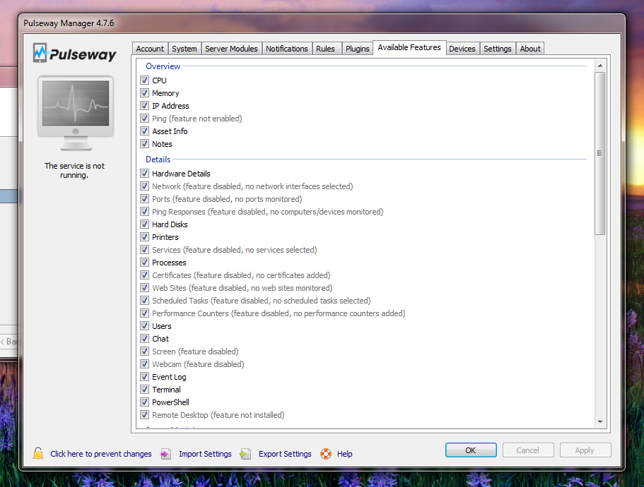 Once installed, Pulseway automatically detects which features are available for monitoring.