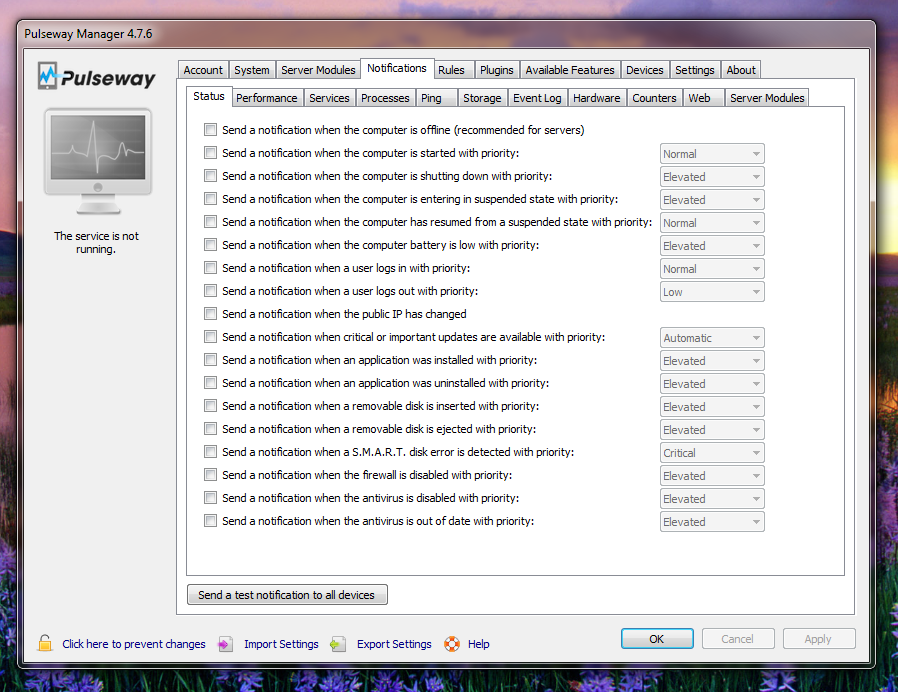 Preconfigured notifications are immediately available from the Notifications tab. 