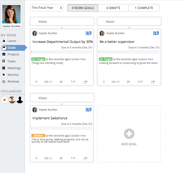 Employees are awarded logins to a self-service portal where they see how their goals are tracking.
