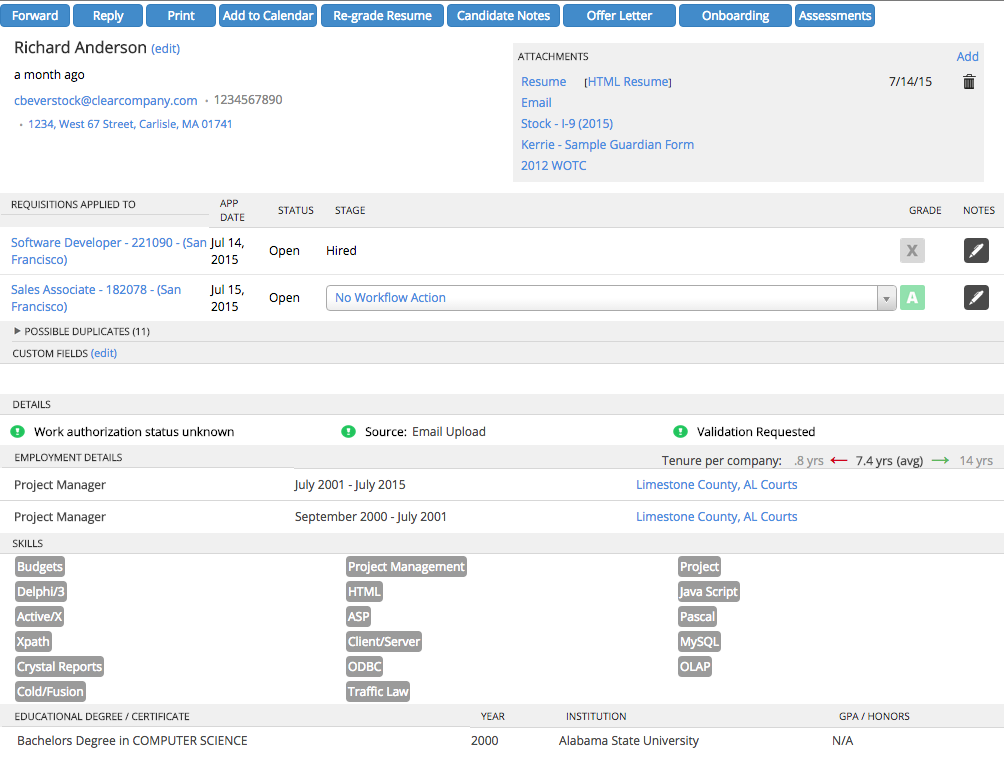 ClearCompany's applicant tracking system contains pertinent candidate details laid out in an easy-to-digest format, so that recruiting managers spend less time looking for the ideal candidate.