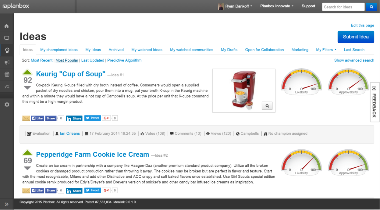 The software has an idea search functionality that allows you to quickly search for ideas using filters.