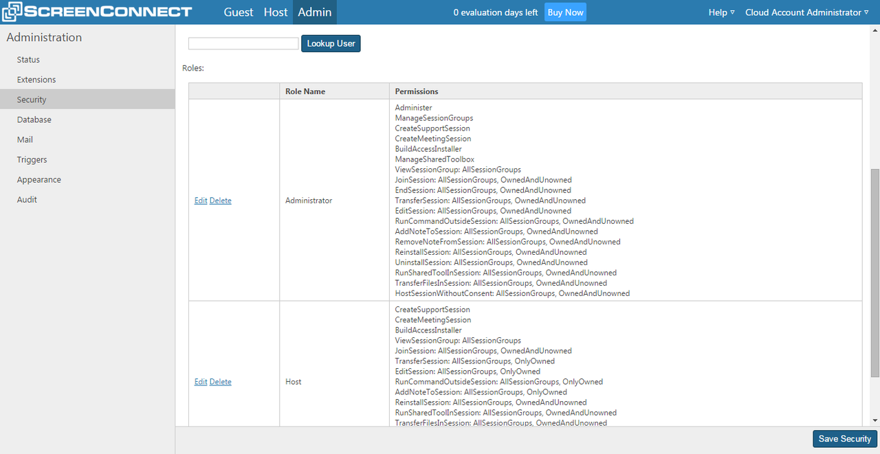 ScreenConnect lets you specify user roles, including the tasks each role is authorized to carry out.