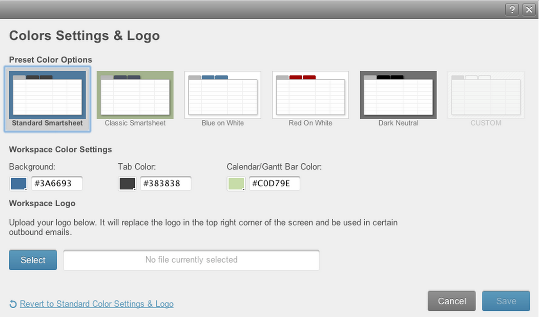Workspaces, which are areas where sheets, templates, reports, files, and subfolders can be shared and organized, are customizable and brandable.
