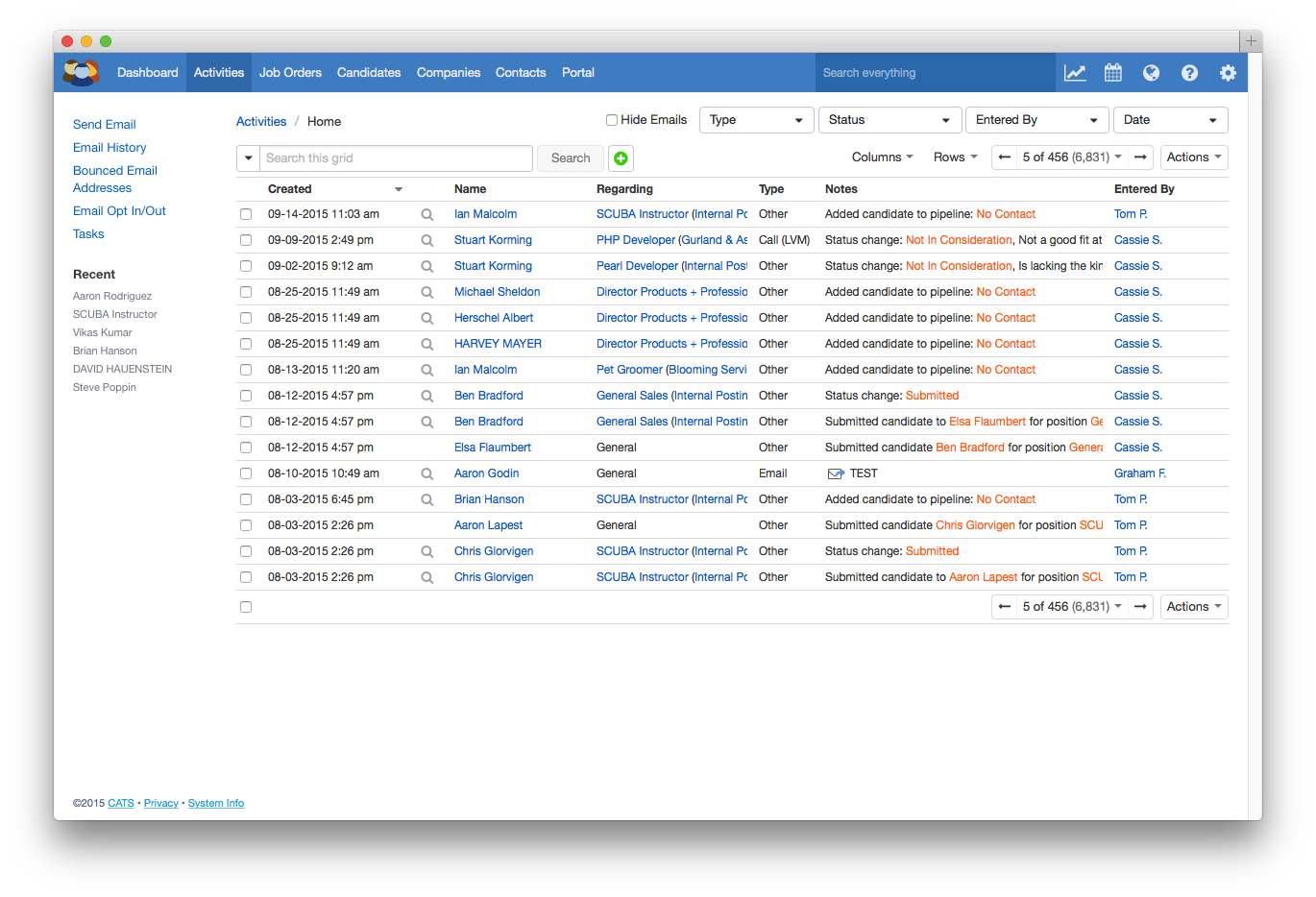 All recent communications can be seen under the Activities tab, including recent calls and emails to candidates.