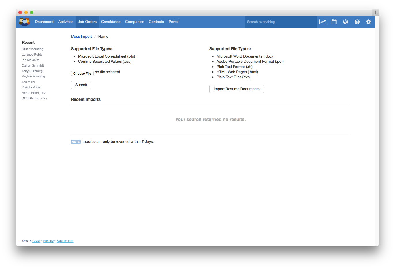 Using the import tool, recruiters can mass import candidates, companies, contacts, or job orders.