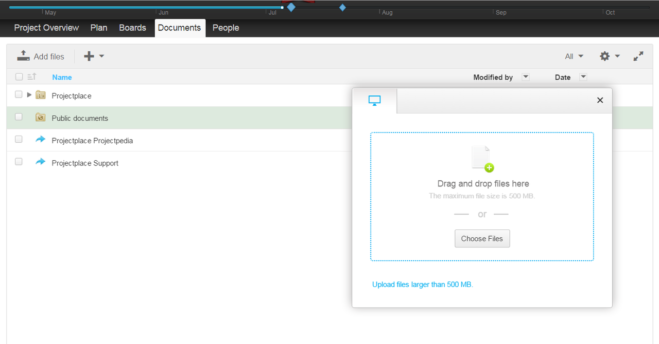 Document upload is as easy as dragging and dropping files from your computer to your Projectplace document screen, or by connecting third-party document management apps such as Box or Dropbox.