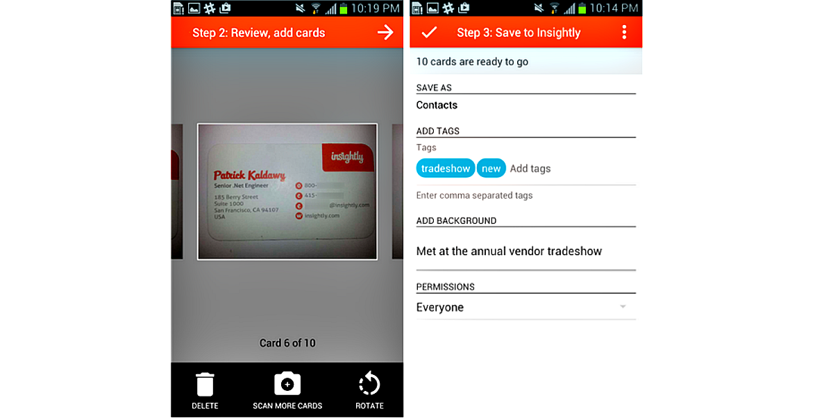 Scanning business cards with the mobile app