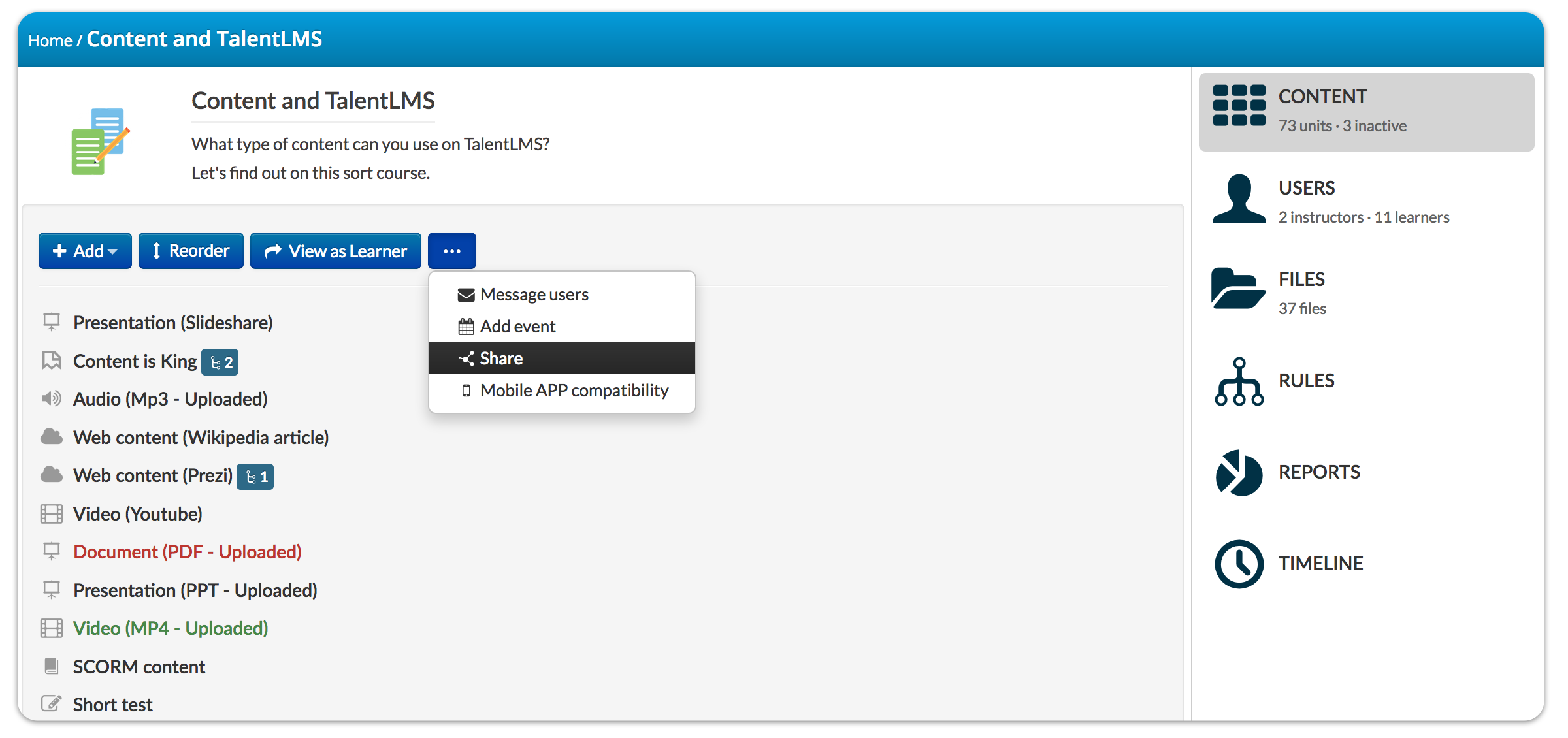 To share a course with a non-registered user, click the Share button and a URL will be automatically generated