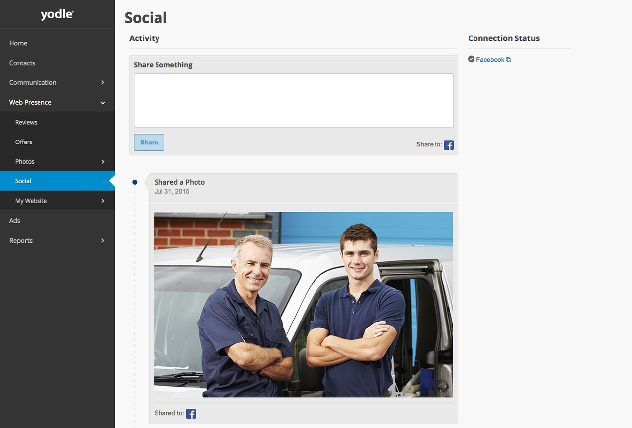 Sharing photos or posting a status update on your Facebook business page can be done straight from the Yodle dashboard.