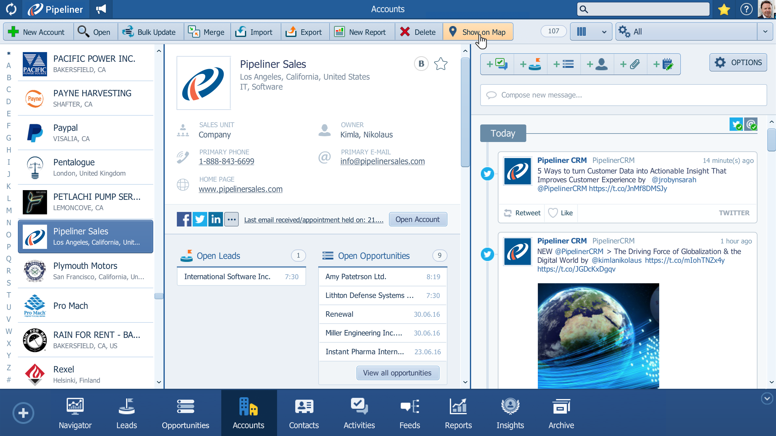 The Accounts and Contacts summary pane lists all your accounts and contacts in the Pipeliner CRM database, including relevant details