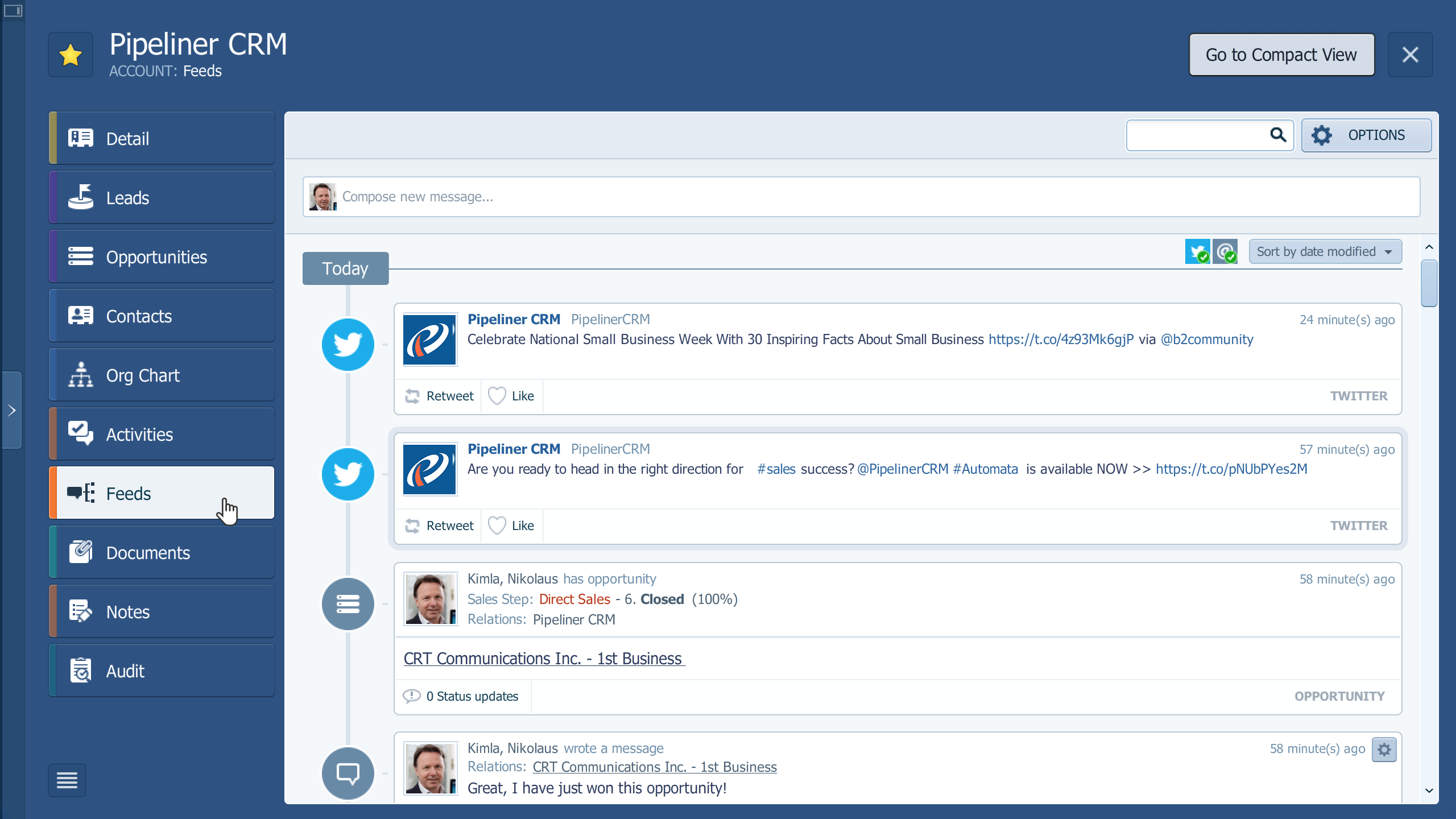 The Feeds section shows all carried out tasks and activities related to an acount/lead