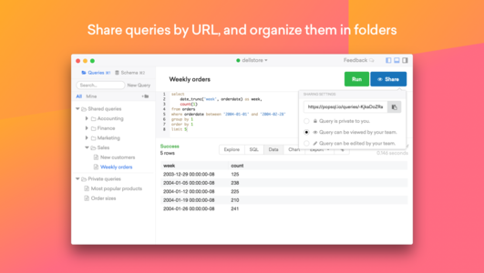 Share queries by URL, and organize them in folders