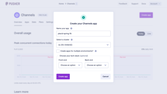 Pusher Channels create new app modal