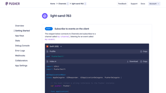 Pusher Channels getting started page with code snippets