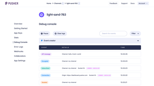 Pusher Channels debug console showing recent activity