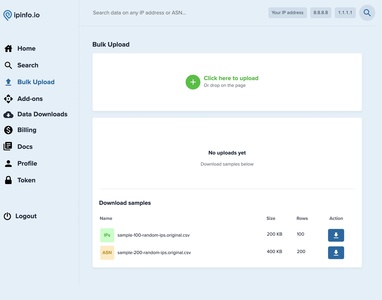 IPinfo IP address bulk upload lookup