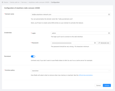 Redis configuration on Stackhero's dashboard